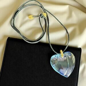 Baccarat Light Baby Blue Crystal Heart Pendant Necklace Black Cord Gold Tone